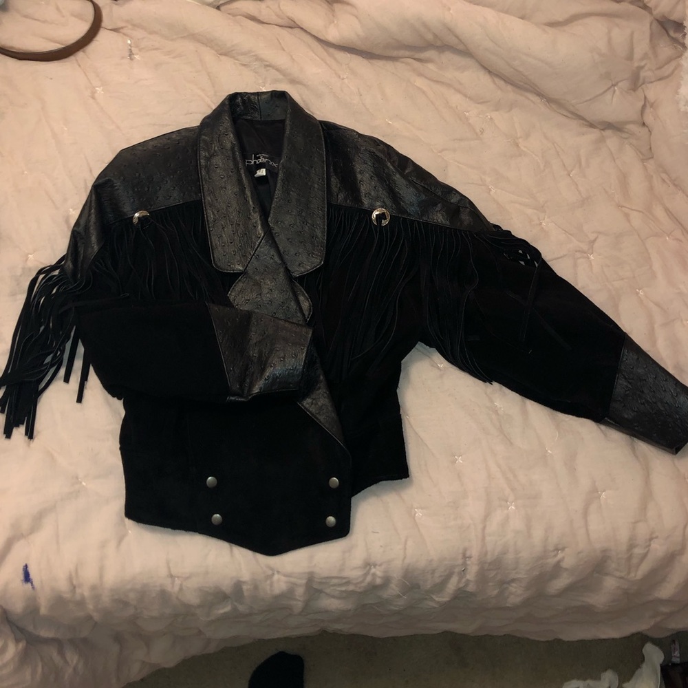 VINTAGE black fringe suede REAL LEATHER jacket